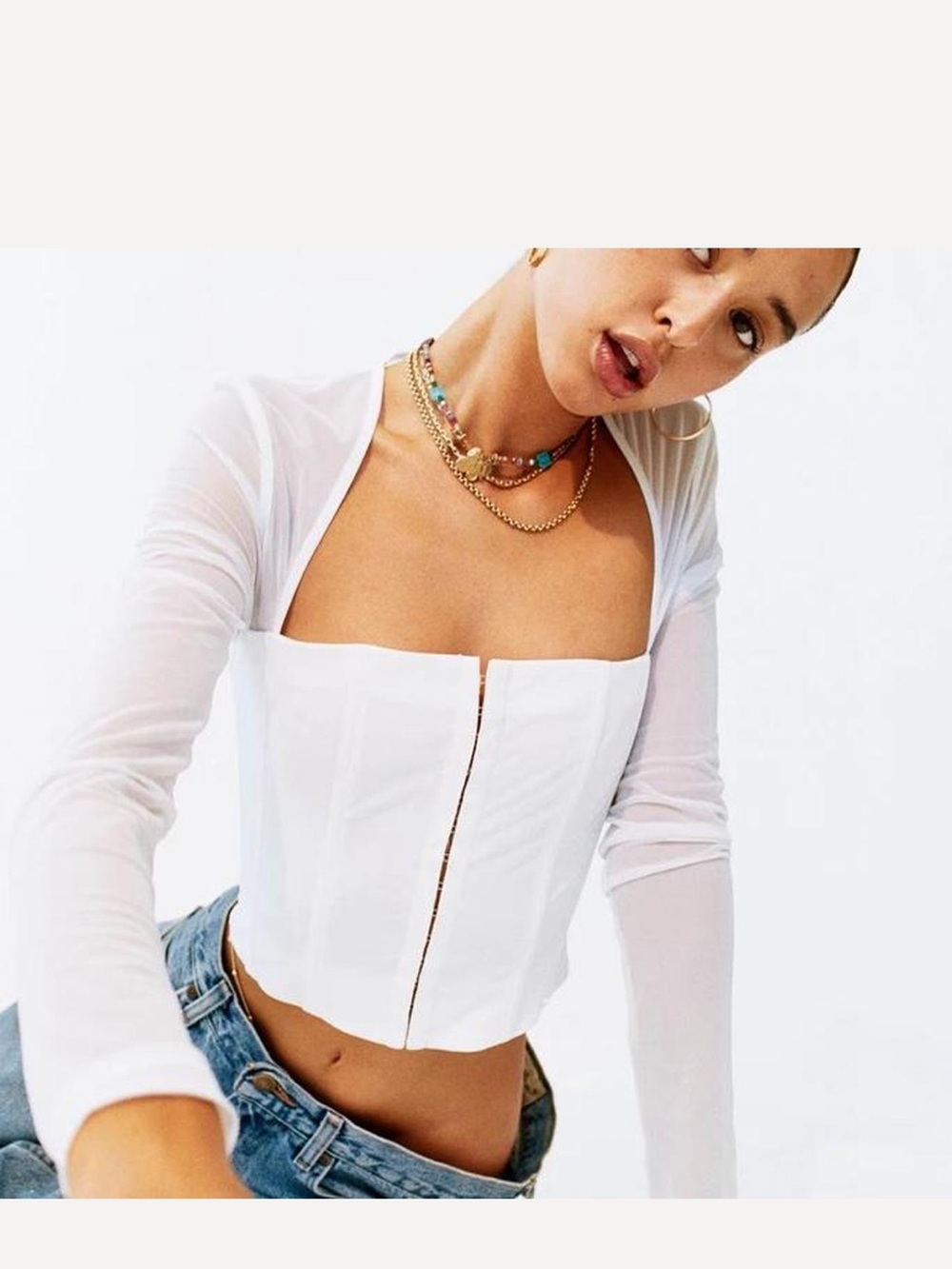 With Jean White Square-Neck Mesh Sleeve Crop Corset